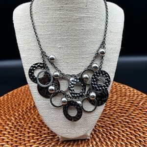 Fashion Necklace Bronze & Silver Toned Beads & Loops Layered Hammered Chain